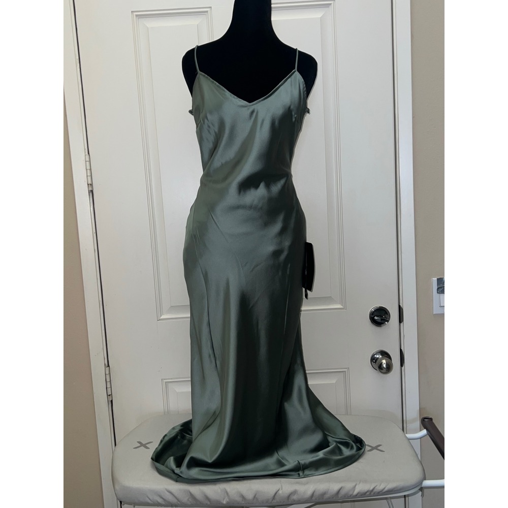 Lulus Sage Green Satin Sleeveless Midi Backle Dress Formal Evening Gown NWTs